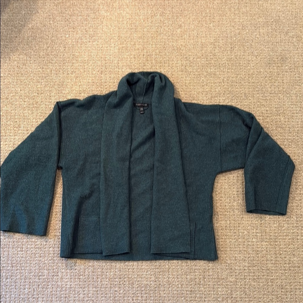 Dark Green Eileen Fisher Open Front Merino Wool Cardigan